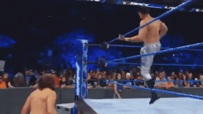 Two Men Are Wrestling In A Wrestling Ring With A Crowd Watching GIF
