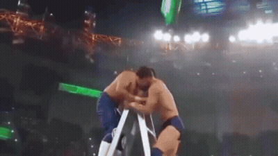 Two Men Are Wrestling On A Ladder In A Stadium While A Crowd Watches . GIF