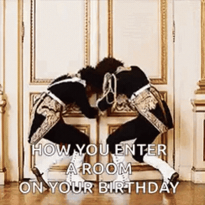 Two Men Asking How You Enter A Room On Your Birthday GIF