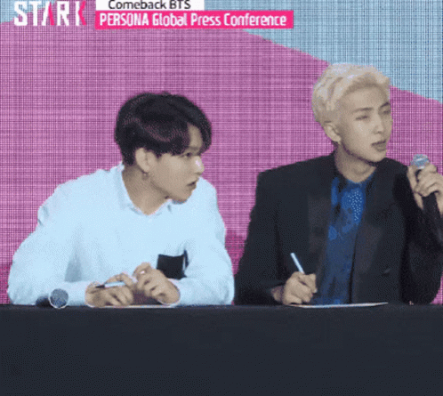 Two Men At Table Comeback BTS Persona Global Press Conference GIF