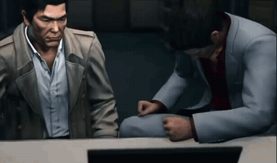 Two Men At Table In Video Game One Kneeling GIF