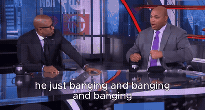 Two Men At Table Saying He Just Banging And Banging GIF