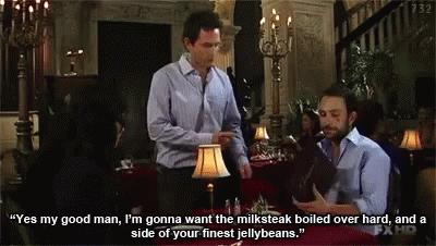 Two Men At Table Saying Yes My Good Man I'm Gonna Want The Milksteak Boiled Over Hard GIF