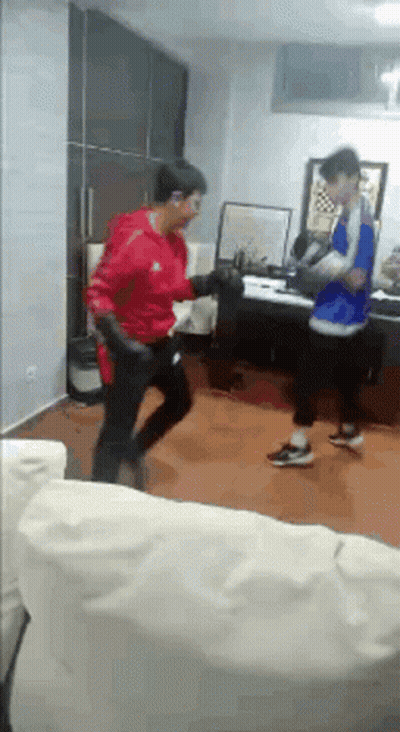 Two Men Boxing In Living Room GIF
