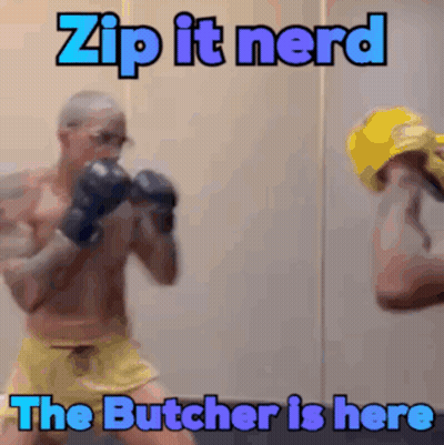 Two Men Boxing Zip It Nerd The Butcher Is Here GIF