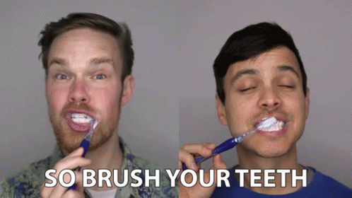 Two Men Brushing Their Teeth With The Words So Brush Your Teeth Behind Them GIF