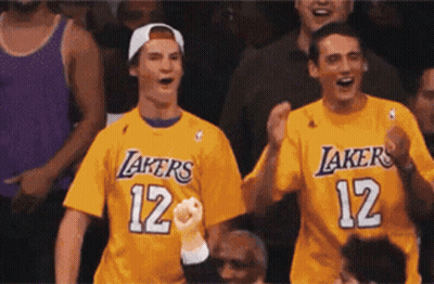 Two Men Cheering In Lakers Shirts GIF