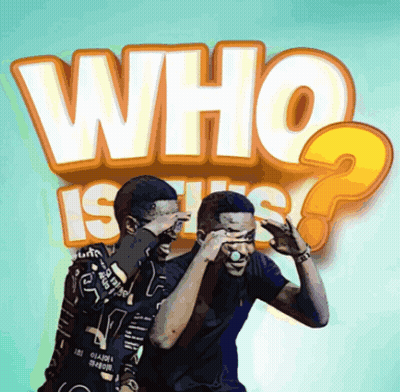 Two Men Covering Faces In Front Of Sign Saying Who Is This GIF