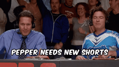Two Men Crowd Saying Pepper Needs New Shorts