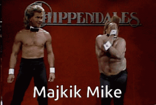 Two Men Dancing In Front Of A Sign That Says Chippewales GIF