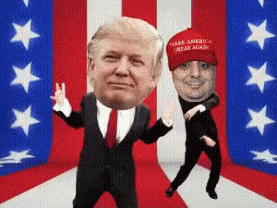 Two Men Dancing In Front Of American Flag, One Wearing Make America Great Again Hat GIF