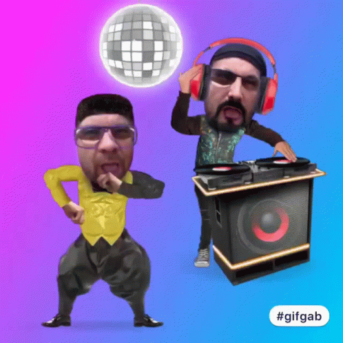 Two Men Dancing In Front Of Disco Ball GIF