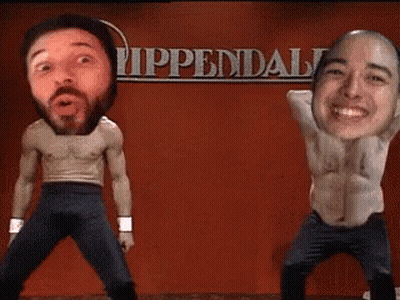Two Men Dancing In Front Of Rippendal Sign GIF