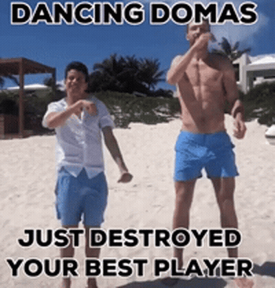 Two Men Dancing On Beach With Caption Dancing Domas Just Destroyed Your Best Player GIF
