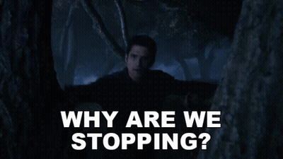 Two Men Dark Room Asking Why Are We Stopping GIF