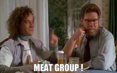 Two Men Drinking Beer Saying Meat Group GIF