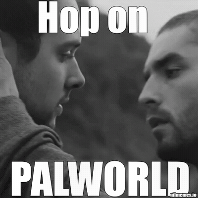 Two Men Facing Each Other Hop On Palworld GIF
