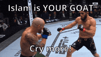 Two Men Fighting in Boxing Ring Islam Is Your Goat Cry More