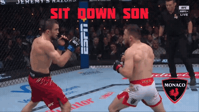Two Men Fighting In Boxing Ring Saying Sit Down Son GIF