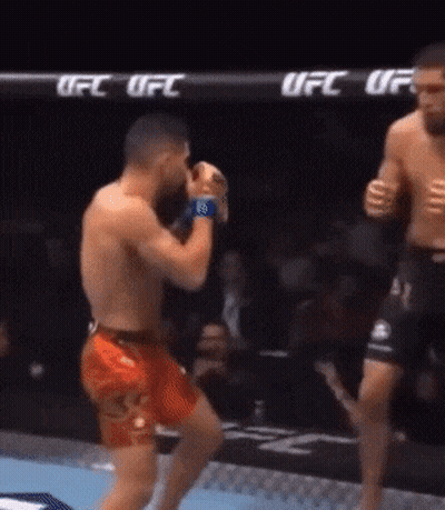 Two Men Fighting In Boxing Ring With UFC On Fence GIF