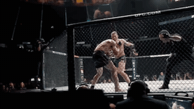 Two Men Fighting In Cage With Crowd And Referee GIF