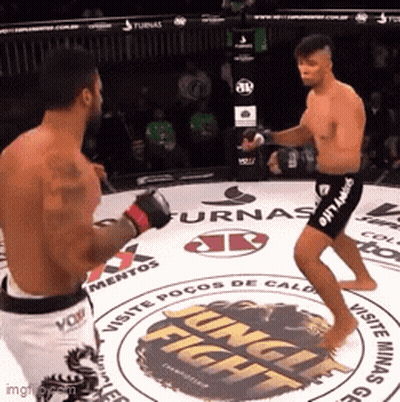 Two Men Fighting In Ring With Jungle Fight Floor GIF