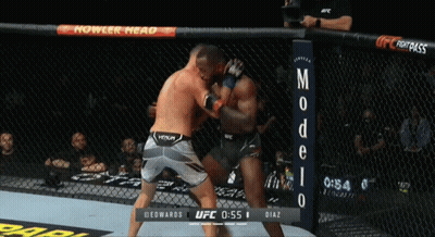 Two Men Fighting In UFC Ring With Howler Head Sign GIF