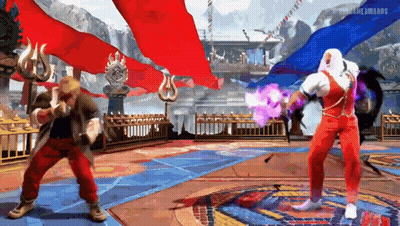 Two Men Fighting In Video Game One Holding Purple Object GIF