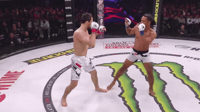 Two Men Fighting Monster In Boxing Ring GIF