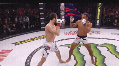 Two Men Fighting Monster In Boxing Ring GIF