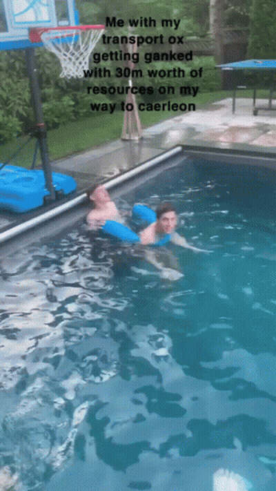 Two Men Floating In Pool Saying Me With My Transport Ox Getting Ganked GIF