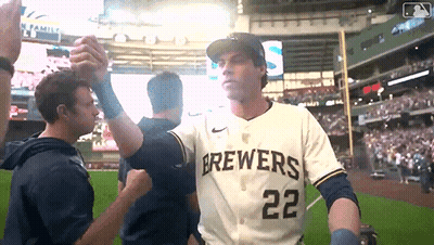 Two Men High Five One In Brewers Jersey GIF