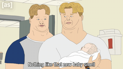Two Men Holding Baby Saying Nothing Like That New Baby Smell GIF
