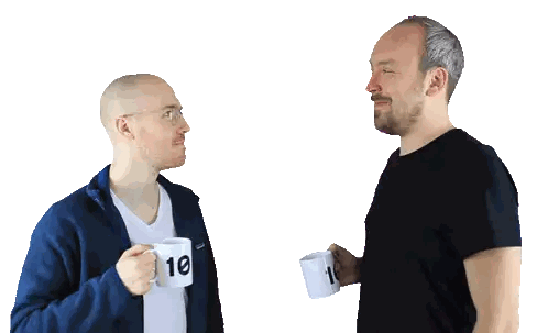Two Men Holding Coffee Mugs With 10 Sticker