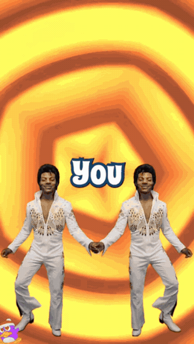 Two Men Holding Hands In Front Of A Yellow And Orange Background With The Word You On It GIF