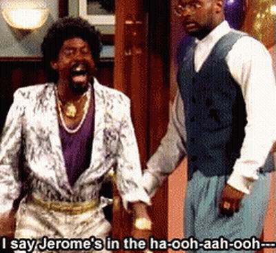 Two Men Holding Hands One Says Jerome's In The Ha-Ooh-Aah-Ooh GIF