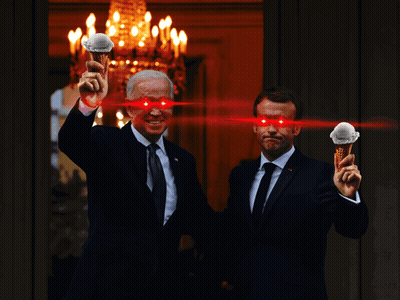 Two Men Holding Ice Cream Cones With Red Eyes And Chandelier GIF