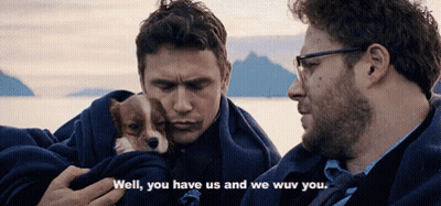 Two Men Holding Puppy Saying Well You Have Us And We Wuv You GIF