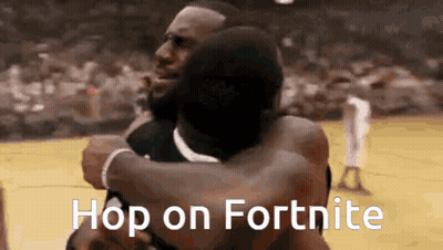 Two Men Hugging Each Other On A Basketball Court With The Words Hop On Fortnite On The Bottom GIF
