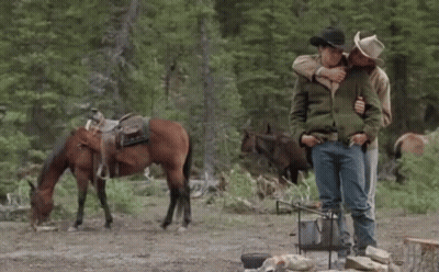 Two Men Hugging In Front Of A Horse In A Field GIF