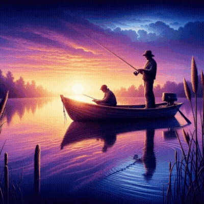 Two Men In A Boat Fishing At Sunset GIF