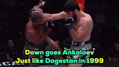 Two Men In A Boxing Ring With The Words Down Goes Ankalaev Just Like Dagestan In 1999 On The Bottom GIF
