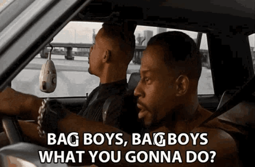 Two Men In Car With Bag Boys What You Gonna Do Text GIF