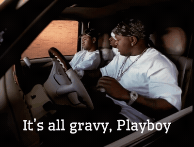 Two Men In A Car With The Words It 'S All Gravy Playboy On The Bottom GIF