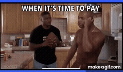 Two Men In A Kitchen With The Words When It 'S Time To Pay GIF