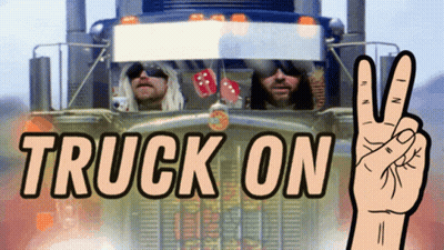 Two Men In A Truck With The Words Truck On On The Bottom GIF