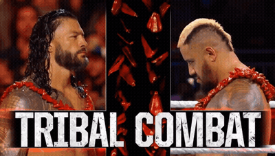 Two Men In A Wrestling Ring With The Words Tribal Combat Written Above Them GIF