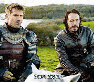 Two Men In Armor Are Sitting On A Horse And One Of Them Is Saying " Don 'T Say It " GIF