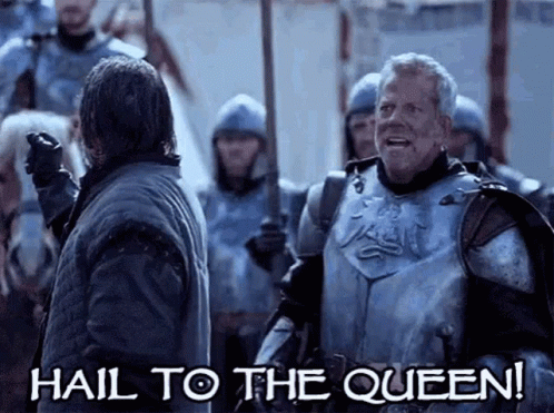 Two Men In Armor Are Standing Next To Each Other And One Of Them Is Saying Hail To The Queen GIF