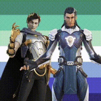 Two Men In Armor Are Standing Next To Each Other In Front Of A Colorful Background . GIF